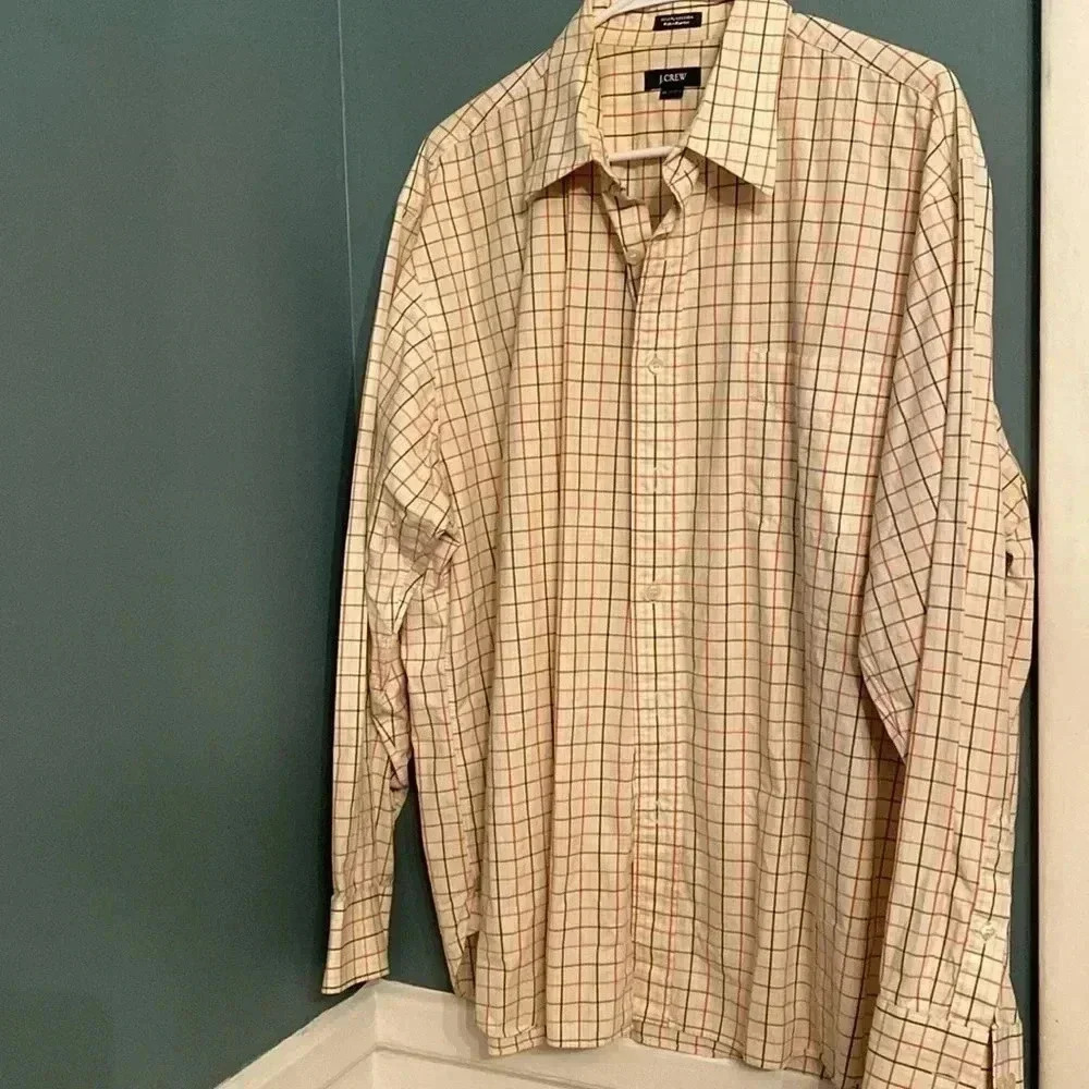 J crew men’s button down - cream with coral and green stripes